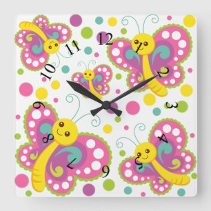 Butterfly polka dots cute animal nursery kids room square wall clock