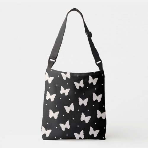 Butterfly  Polka Dots Pattern Black Cream Crossbody Bag