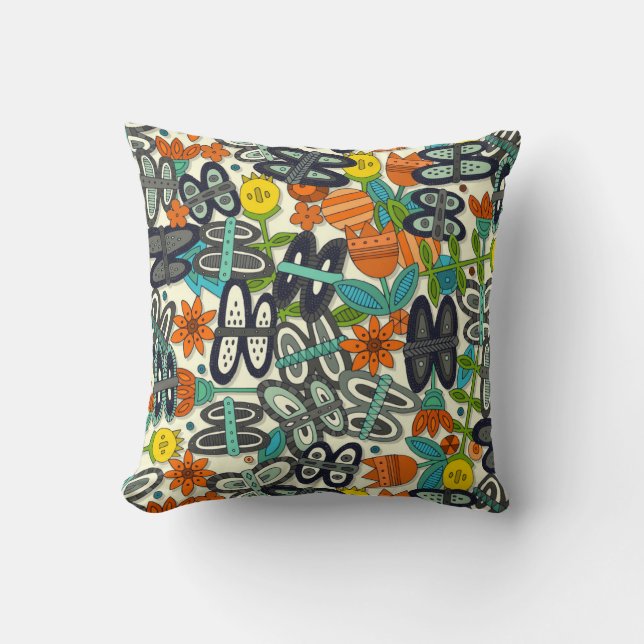 butterfly pop garden orange throw pillow (Front)