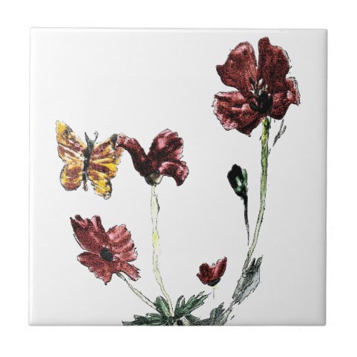 Butterfly Poppy Floral Art Nature Ceramic Tile