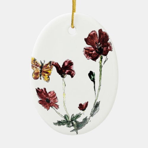 Butterfly Poppy Flowers Floral Ceramic Ornament