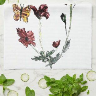 Butterfly Poppy Flowers Illustration Towel
