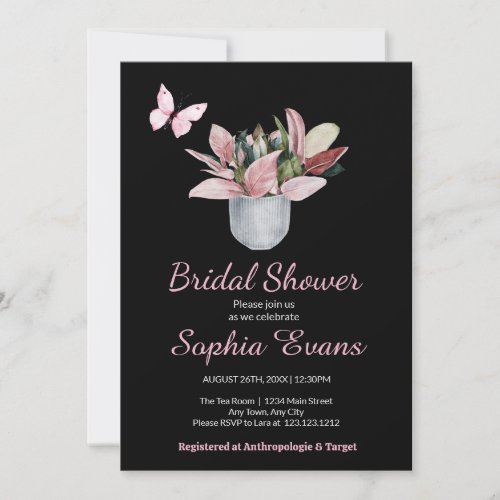 Butterfly  Potted Plant Black Bridal Shower Invitation