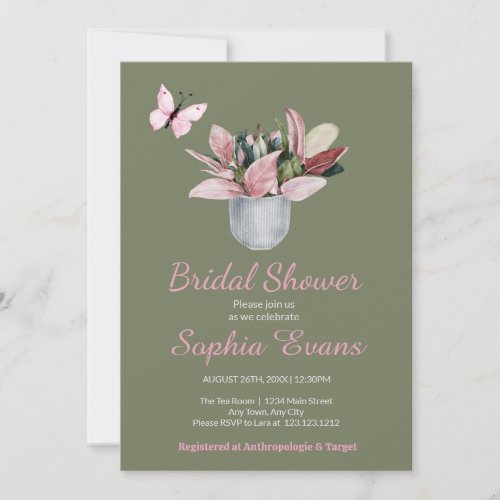 Butterfly  Potted Plant Green Bridal Shower Invitation