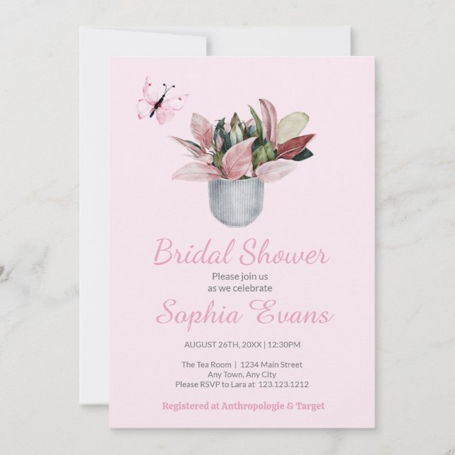 Butterfly & Potted Plant Pink  Bridal Shower Invitation (Front)