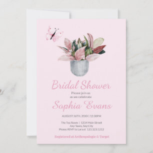 Butterfly & Potted Plant Pink Bridal Shower Invitation
