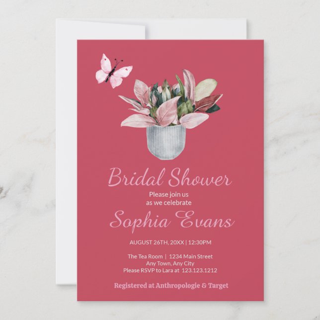 Butterfly & Potted Plant Red Bridal Shower Invitation (Front)