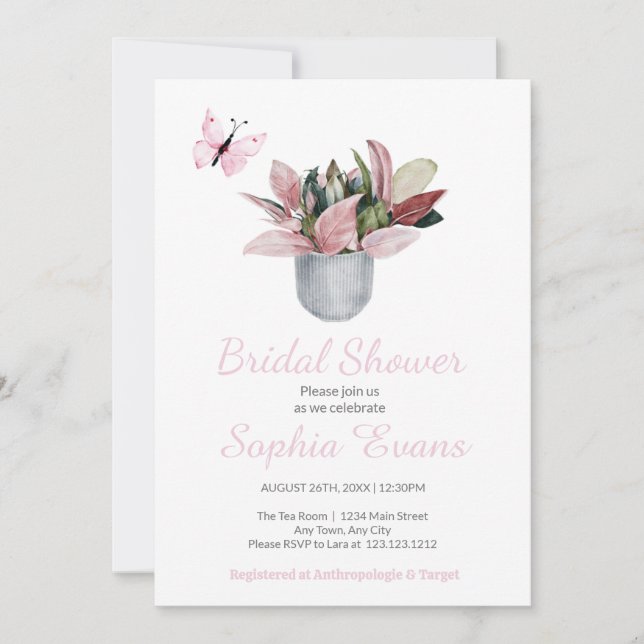 Butterfly & Potted Plant White Bridal Shower Invitation (Front)