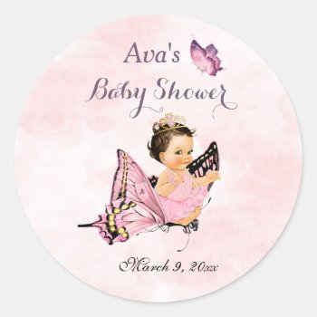 Butterfly Princess Baby Girl Pink Classic Round Sticker by HydrangeaBlue at Zazzle