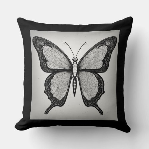Butterfly printed black Throw Pillow