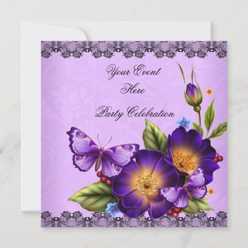 Butterfly Purple Black Lace Flower Damask Party Invitations