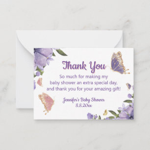 butterfly purple floral girl baby shower thank you note card