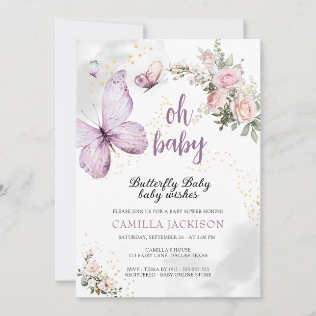 Butterfly  Purple Floral Pink  Baby Shower Invitat Invitation (Front)