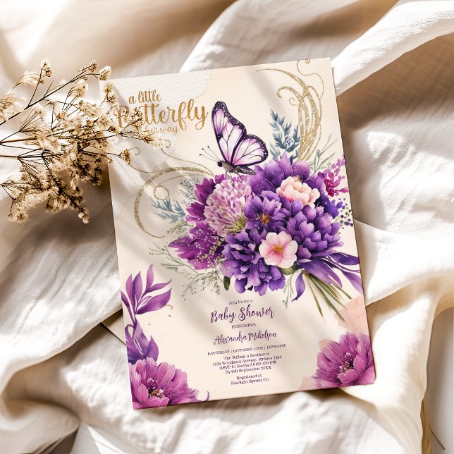 Butterfly Purple Floral Pink Girl Baby Shower  Invitation (Creator Uploaded)