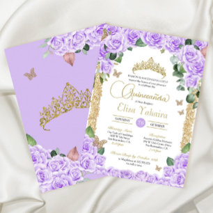 Butterfly Purple Floral Rose and Gold Quinceanera Invitation