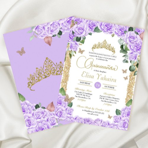 Butterfly Purple Floral Rose and Gold Quinceanera Invitation
