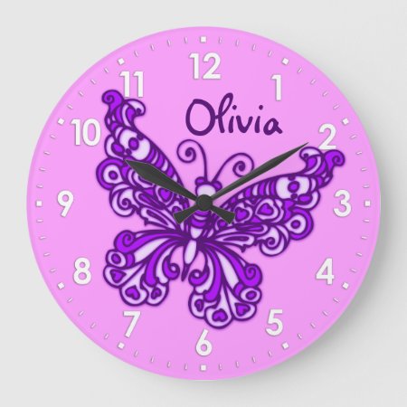 Butterfly Purple Girls Room Name Wall Clock