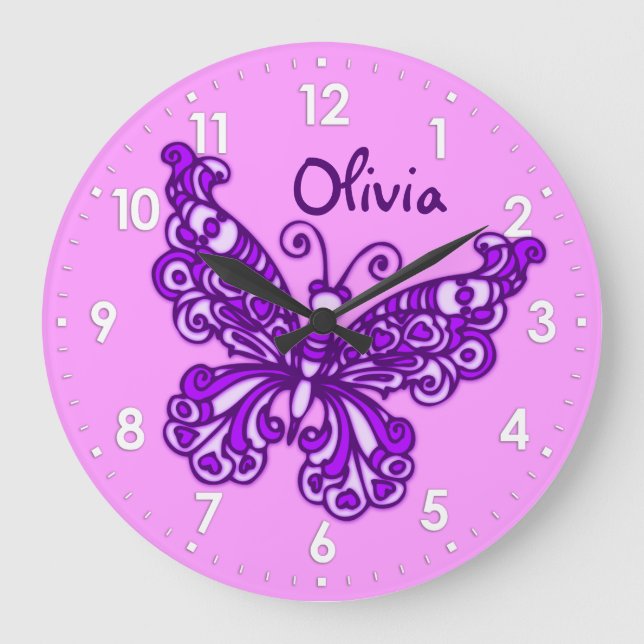 Butterfly purple girls room name wall clock (Front)