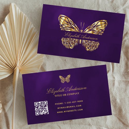 Butterfly purple gold QR code elegant script Business Card