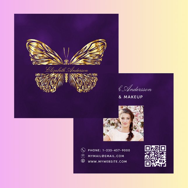 Butterfly purple gold QR code script photo Square Business Card (Creator Uploaded)