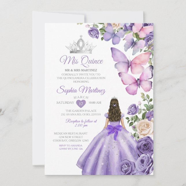 Butterfly Purple Lilac Quinceanera Birthday Crown Invitation (Front)
