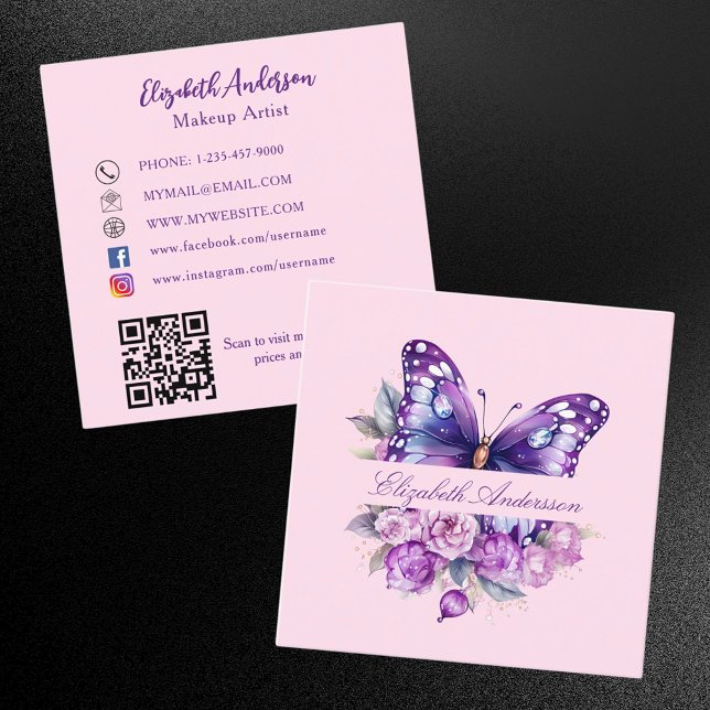 Butterfly purple pink flowers QR code social media Square Business Card (Creator Uploaded)