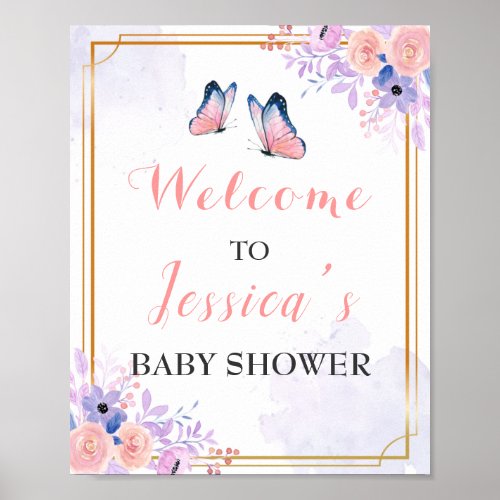 Butterfly Purple Pink Girl Baby Shower Welcome Poster