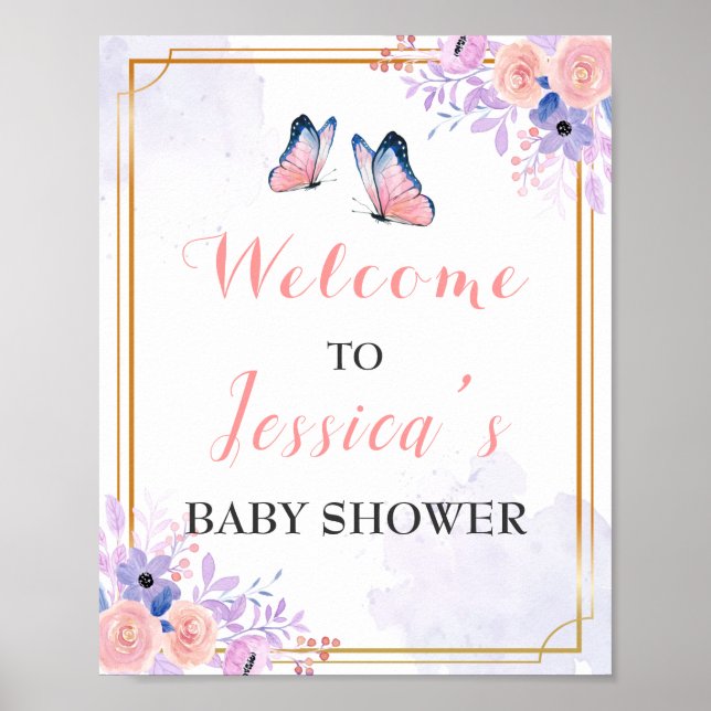 Butterfly Purple Pink Girl Baby Shower Welcome Poster (Front)