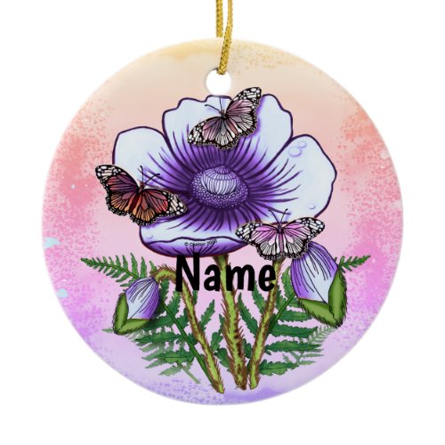 Butterfly Purple Poppy  Ceramic Ornament