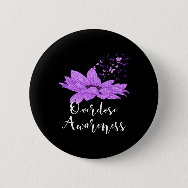Butterfly Purple Ribbon Sunflower Overdose Awarene Button (Front)