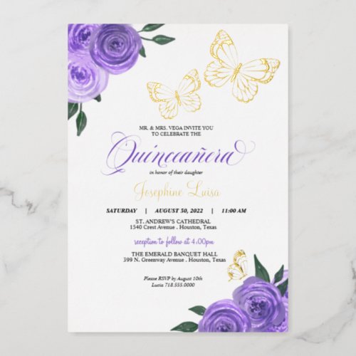 Butterfly Purple Roses Quinceanera Real Foil Invitation