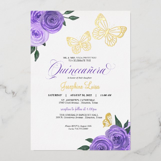 Butterfly Purple Roses Quinceanera Real Foil Invitation (Front)
