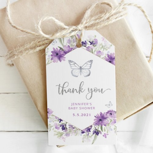 Butterfly purple silver baby shower thank you gift tags