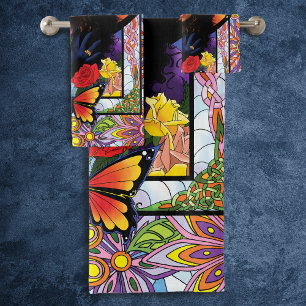 Butterfly Queen Fairy  Stained Glass Purple Bath Towel Set