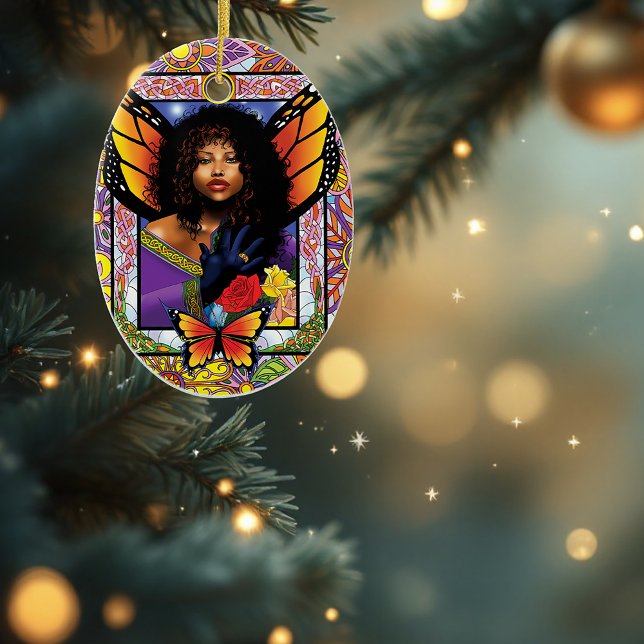 Butterfly Queen Fairy  Stained Glass Purple Ceramic Ornament (Creator Uploaded)