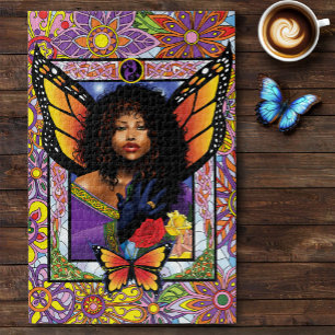 Butterfly Queen Fairy  Stained Glass Purple Jigsaw Puzzle