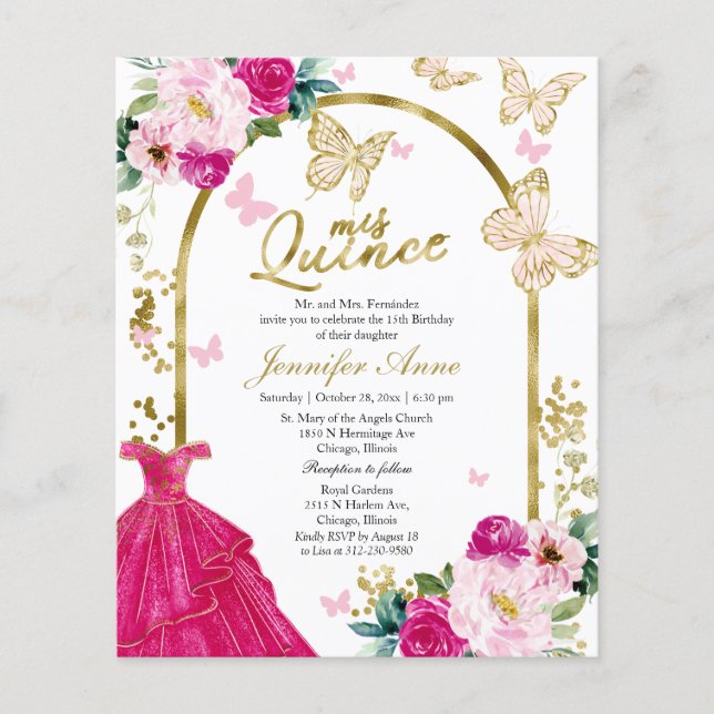 Butterfly Quince Bilingual Budget Invitations (Front)
