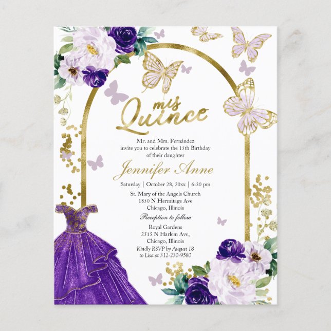 Butterfly Quince Bilingual Budget Invitations (Front)