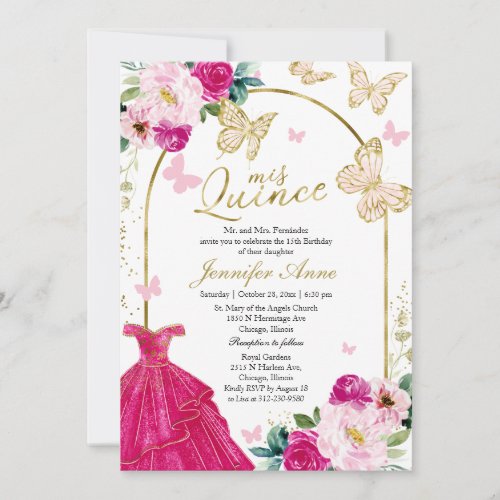 Butterfly Quince Bilingual Invitations Hot Pink
