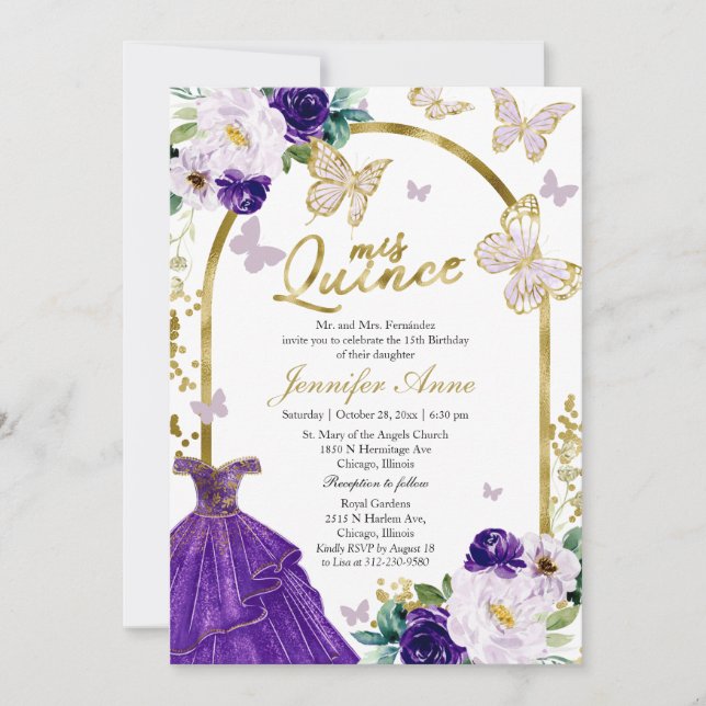 Butterfly Quince Bilingual Invitations Purple Gown (Front)