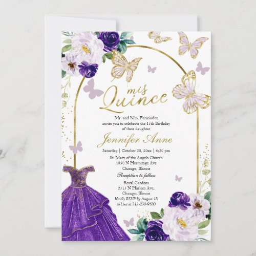 Butterfly Quince Bilingual Invitations Purple Gown