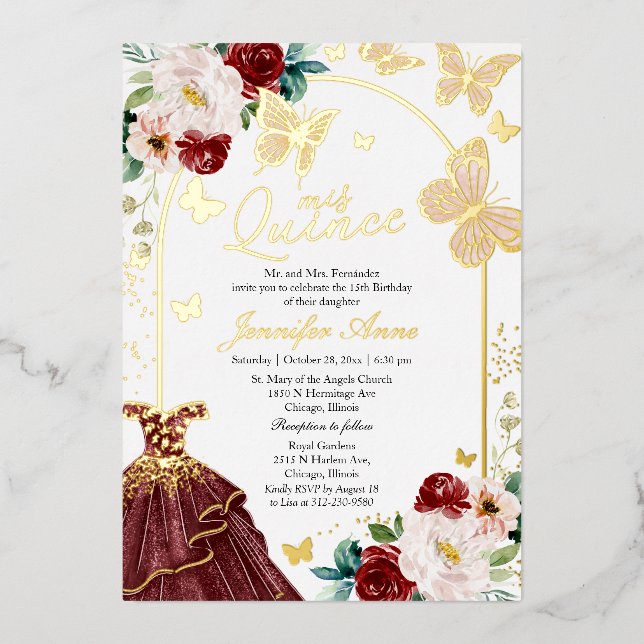 Butterfly Quince Burgundy Marsala Dress Gold Foil Invitation (Front)