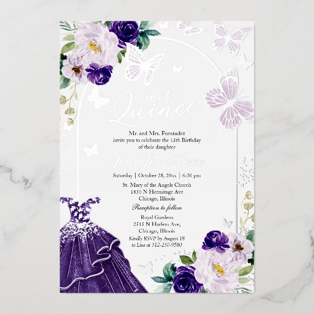 Butterfly Quince Dark Purple Dress Silver Foil Invitation (Front)
