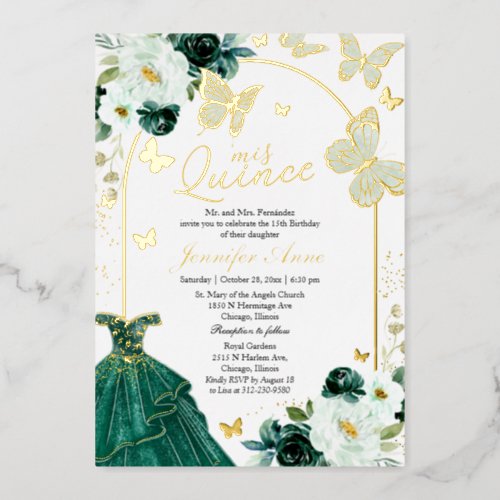 Butterfly Quince Emerald Green Dress Gold Foil Invitation
