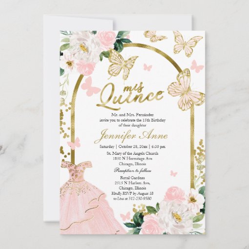 Butterfly Quince Invitations Blush Floral Dress Zazzle