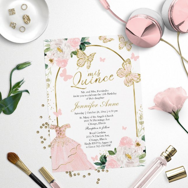 Butterfly Quince Invitations Blush Floral Dress