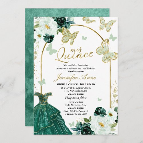 Butterfly Quince Invitations Green Floral Dress