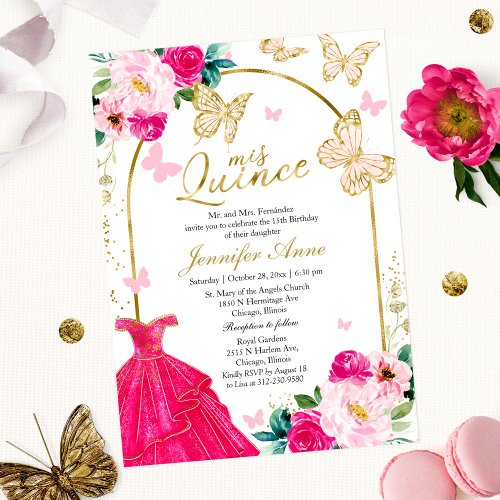 Butterfly Quince Invitations Hot Pink Arch Floral 