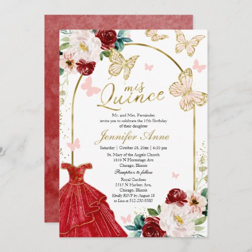 Butterfly Quince Invitations Red Floral Gold Arch