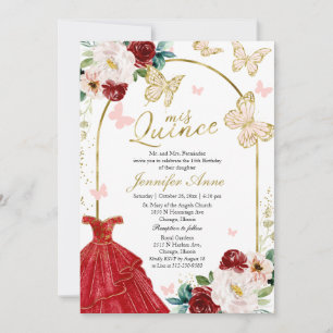 Butterfly Quince Red Dress Bilingual Invitations